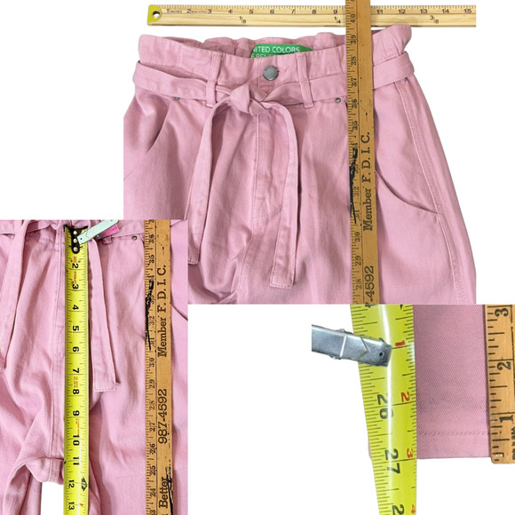 United Colors of Benetton Paperbag Trousers Womens 2 Tapered Pants PINK Twee 90s - Picture 8 of 8